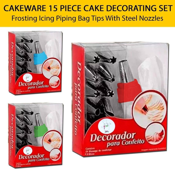 15 Piece Cake Decorating Set Frosting Icing Piping Bag Tips With Steel Nozzles - Pkwebstore