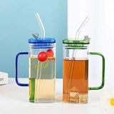 2Pcs Square Tumbler Drinking Glass with Glass Straw and Colorful Handle - Pkwebstore