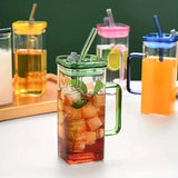 2Pcs Square Tumbler Drinking Glass with Glass Straw and Colorful Handle - Pkwebstore