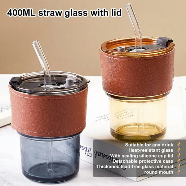 400ML Creative Amber Straw Glass Large-Capacity Coffee Cup Water Bottle - Pkwebstore