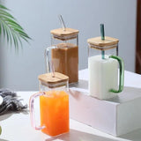 Square Glass Cup With Bamboo Lid and Straw - Pkwebstore