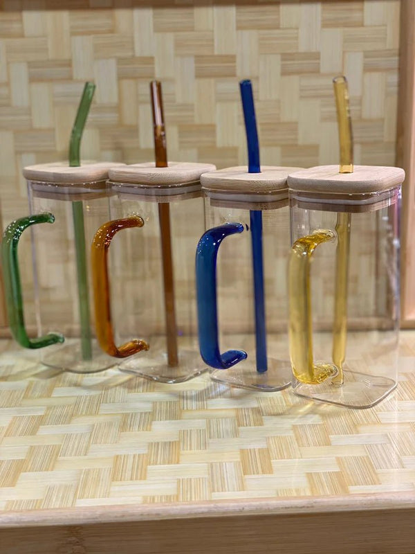 Square Ice Tea mug with lid and glass straw - Pkwebstore